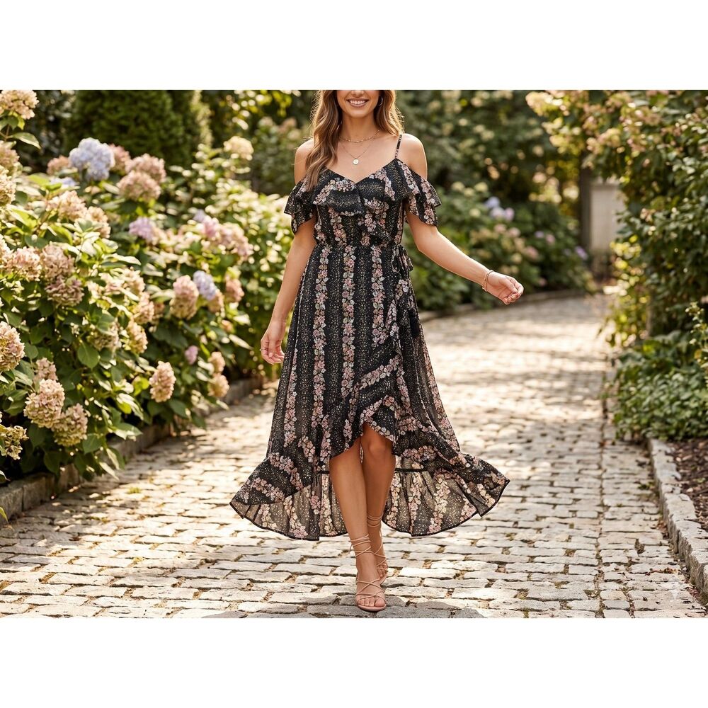 Mint of Blush Floral Cold-Shoulder Maxi Dress S